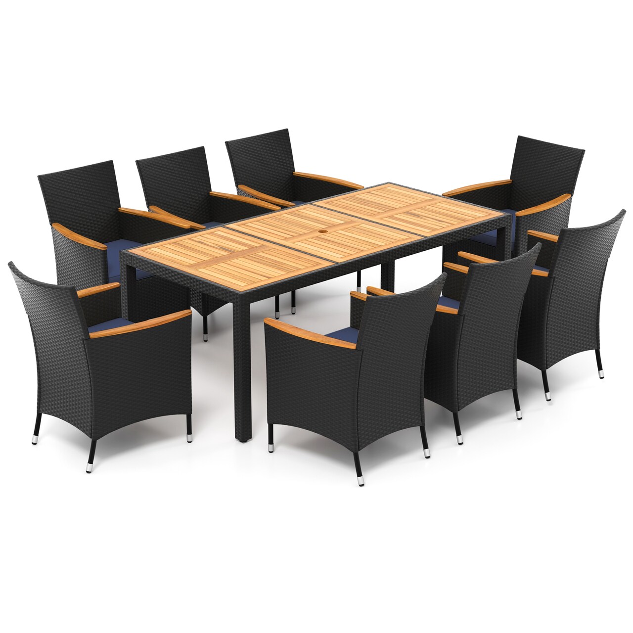 Black Rattan Acacia Wood 9 Pieces Patio Dining Set with Cushions and Umbrella Hole